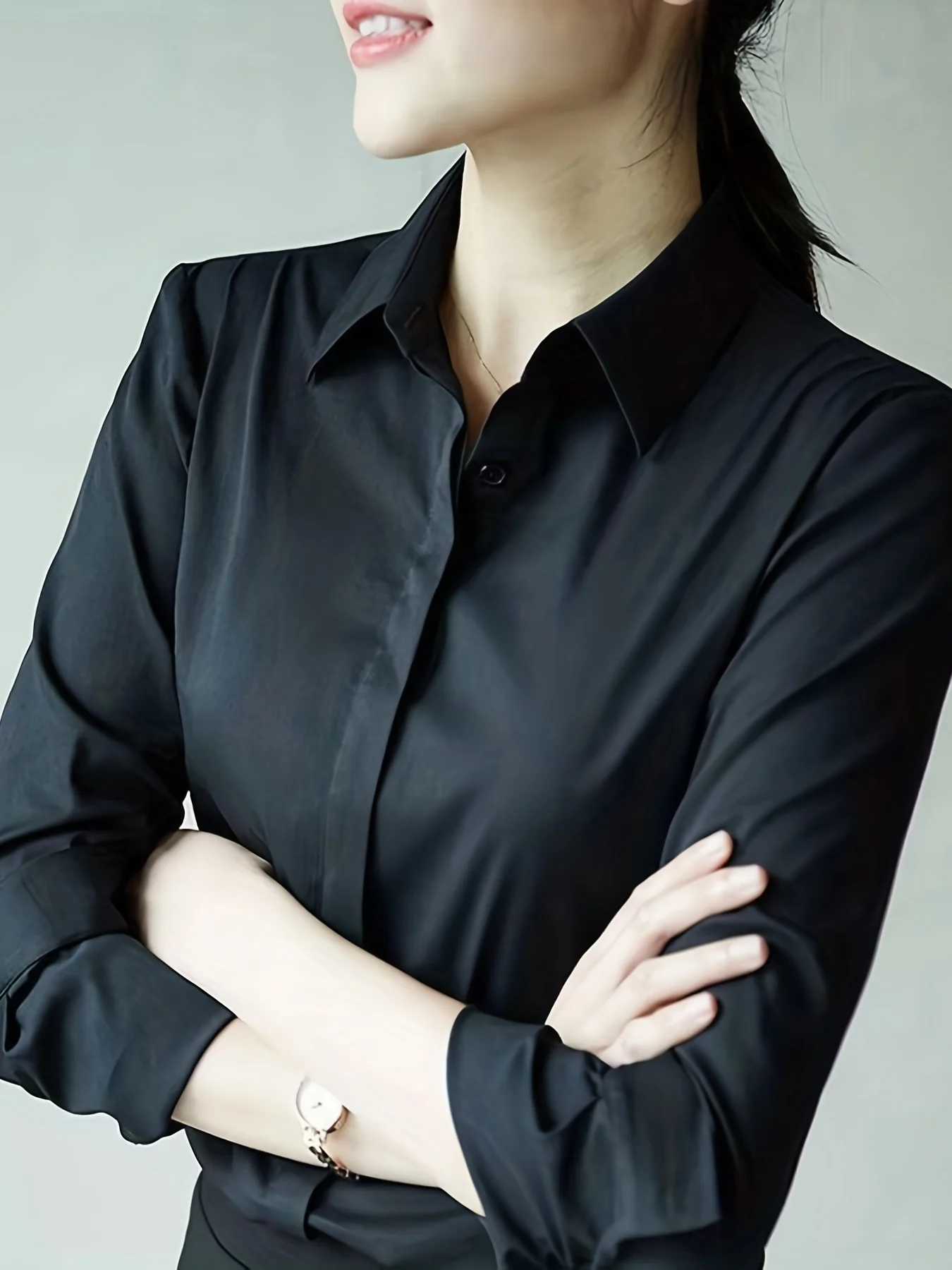 White Lapel Neck Button-down Business Shirts, Long Sleeve Casual Every Day Top, Women's Clothing - Deanwangkt