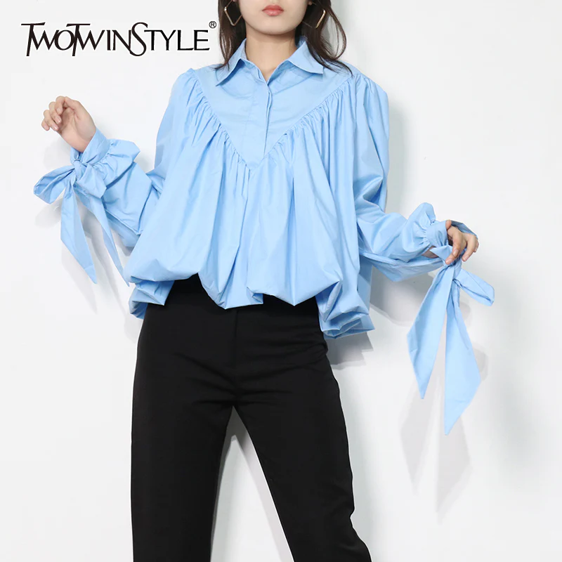 deanwangkt Loose Frill Trim Shirt For Women Lapel Long Sleeve Casual Lace Up Bow Blouse Female Fashion New Clothing Autumn - Deanwangkt