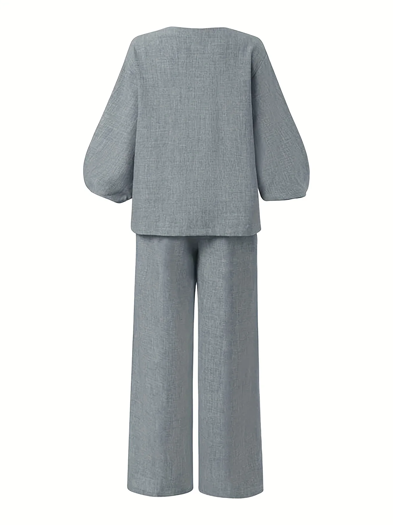 deanwangkt-1  Solid Casual Two-piece Set, V Neck Lantern Sleeve Tops & Wide Leg Pants Outfits, Women's Clothing - Deanwangkt