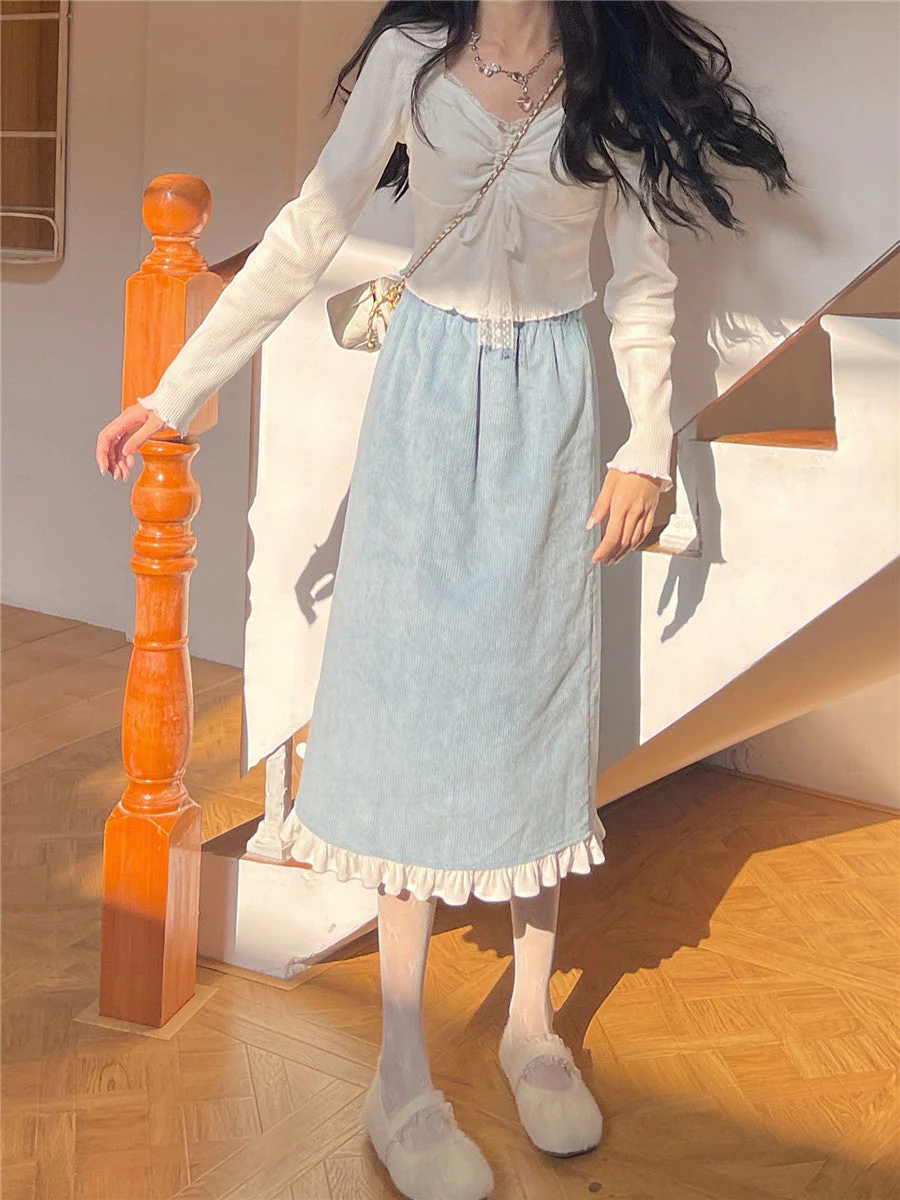 deanwangkt Autumn White Kawaii Lolita Female Blouse Lace Japanese Sweet Long Slevee Tops Women Knitted Casual Korean Designer Clothing - Deanwangkt