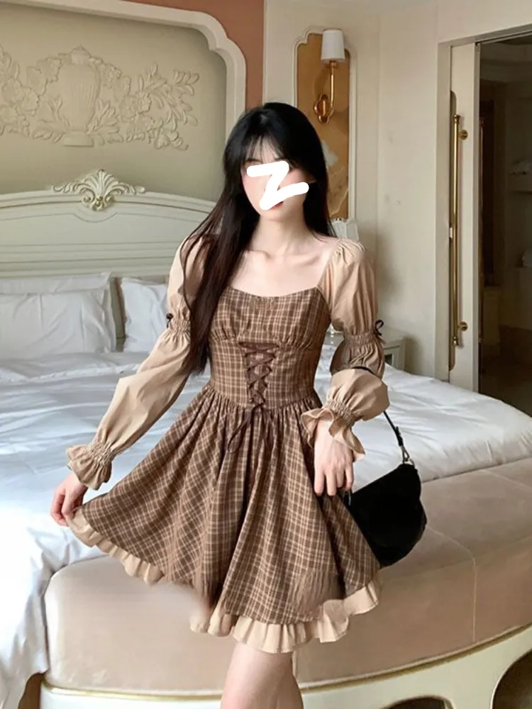 deanwangkt Summer Kawaii Party Lolita Dress Women Causal Long Sleeve Y2k Mini Dress Female Plaid Slim One Piece Dress Korean Chic - Deanwangkt