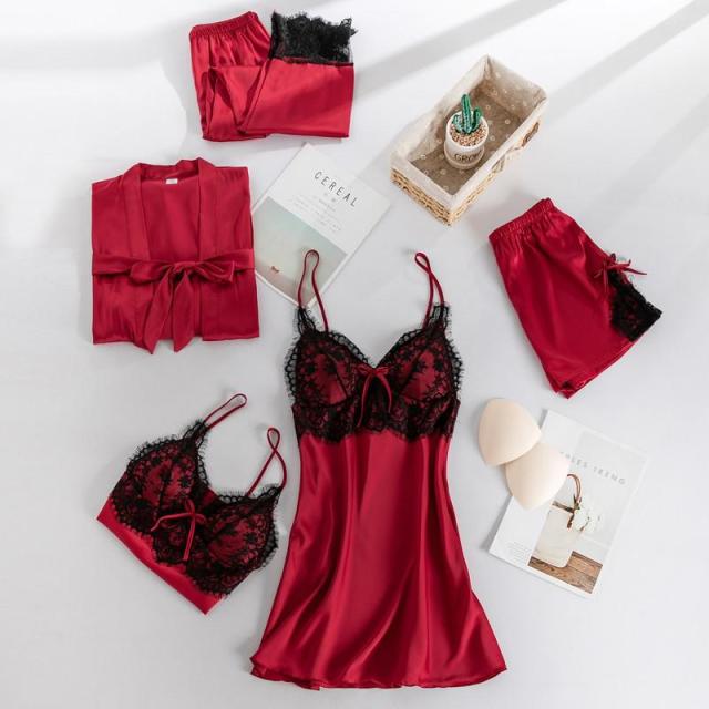 deanwangkt Women Robe Set Satin Sleepwear Lace Kimono Bathrobe Gown Sexy Nightwear Home Clothes Silky Bride Bridesmaid Dressing - Deanwangkt