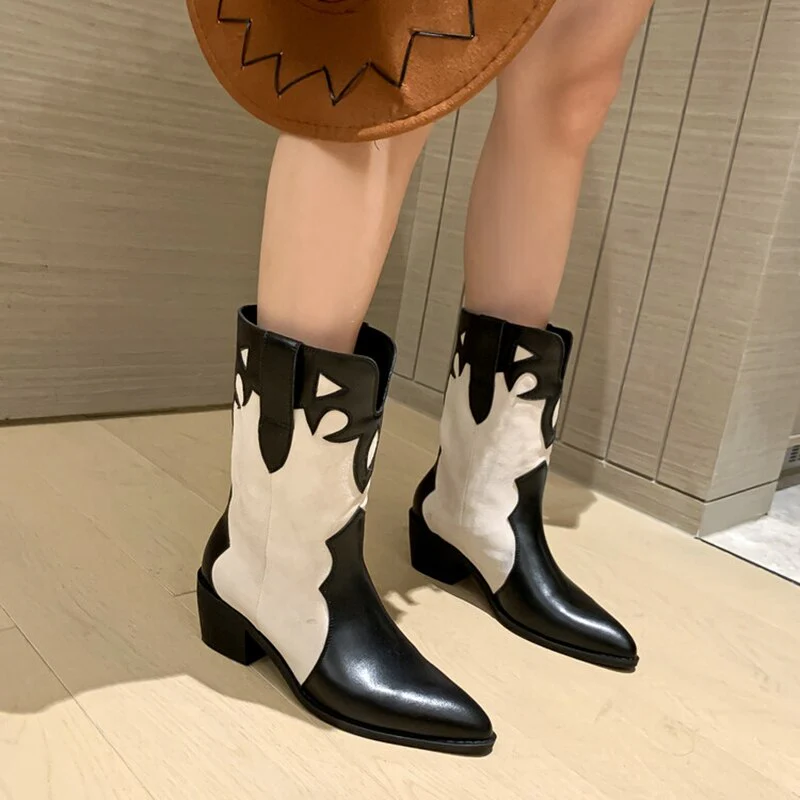 deanwangkt  Autumn Shoes   NEW Autumn Fashion Women Boots Pointed Toe Chunky Heel Shoes Women Genuine Leather Boots Women Black Western Boots Cowboy Boots - Deanwangkt
