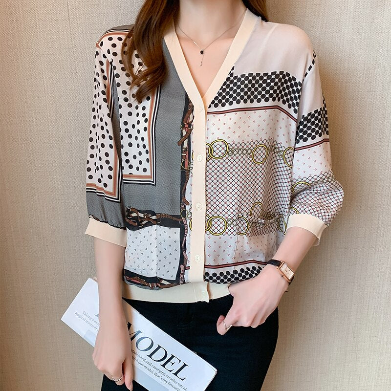 deanwangkt printing ladies shirts Women's Blouses  Spring Autumn v-neck Shirts Tops Blusas Mujer - Deanwangkt