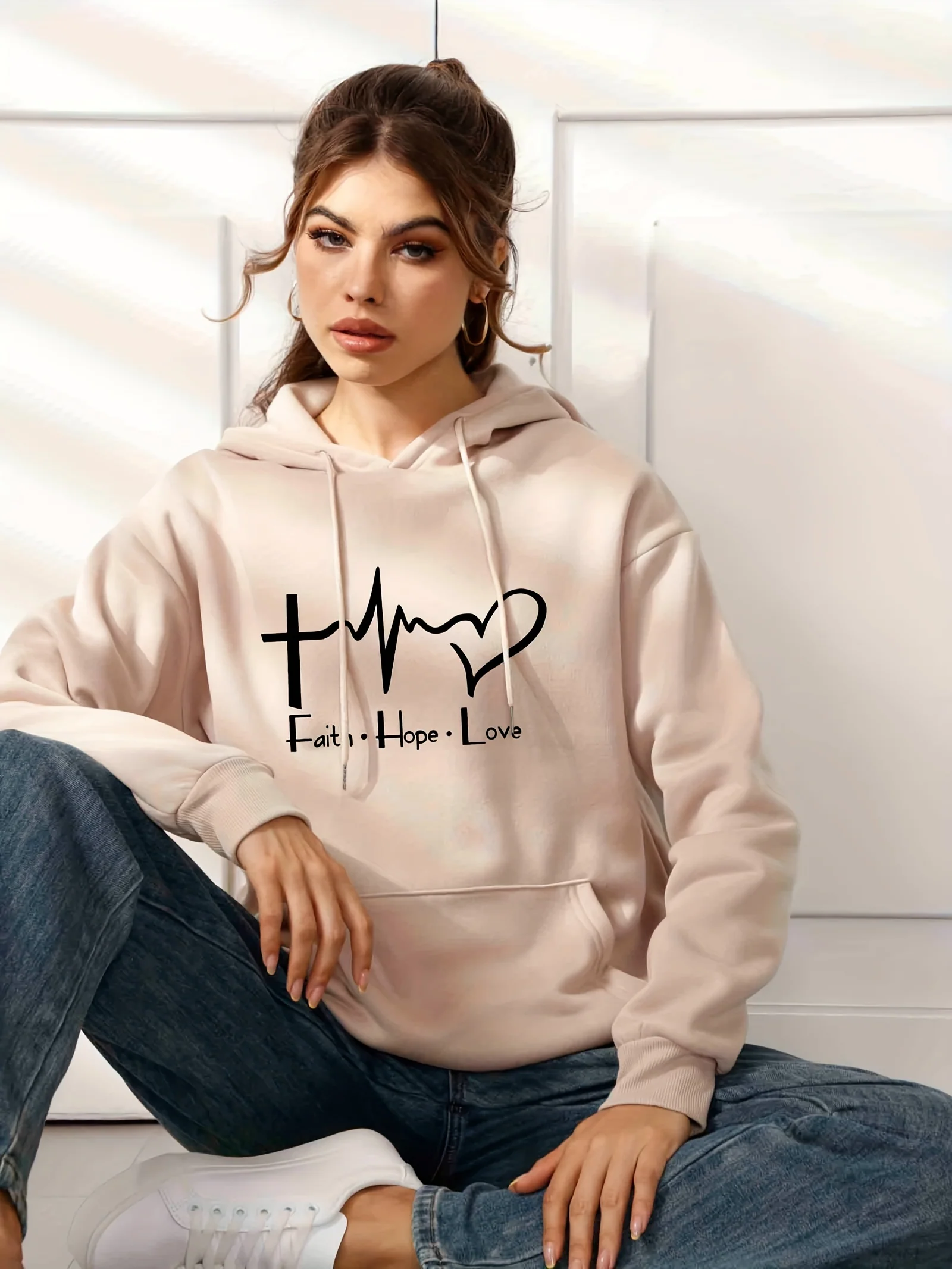 deanwangkt-1  Faith Hope And Love  Letter Hooded Sweatshirt With Front Pocket, Long Sleeve Causal Sports Drawstring Hoodie, Women's Sporty Sweatshirts - Deanwangkt