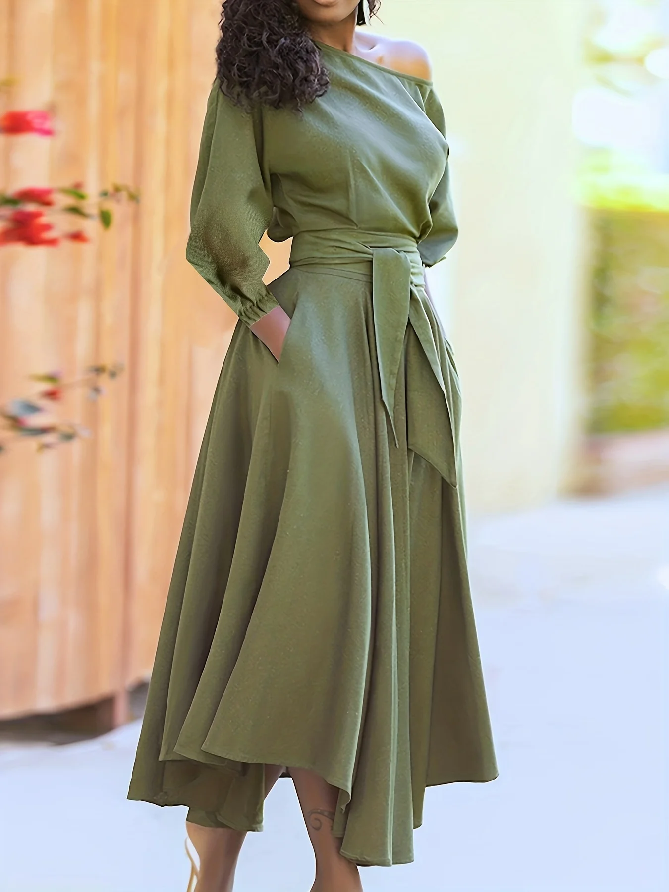 Slant Shoulder Neck Tie Waist Dress, Elegant Dual Pockets Short Sleeve Dress, Women's Clothing - Deanwangkt