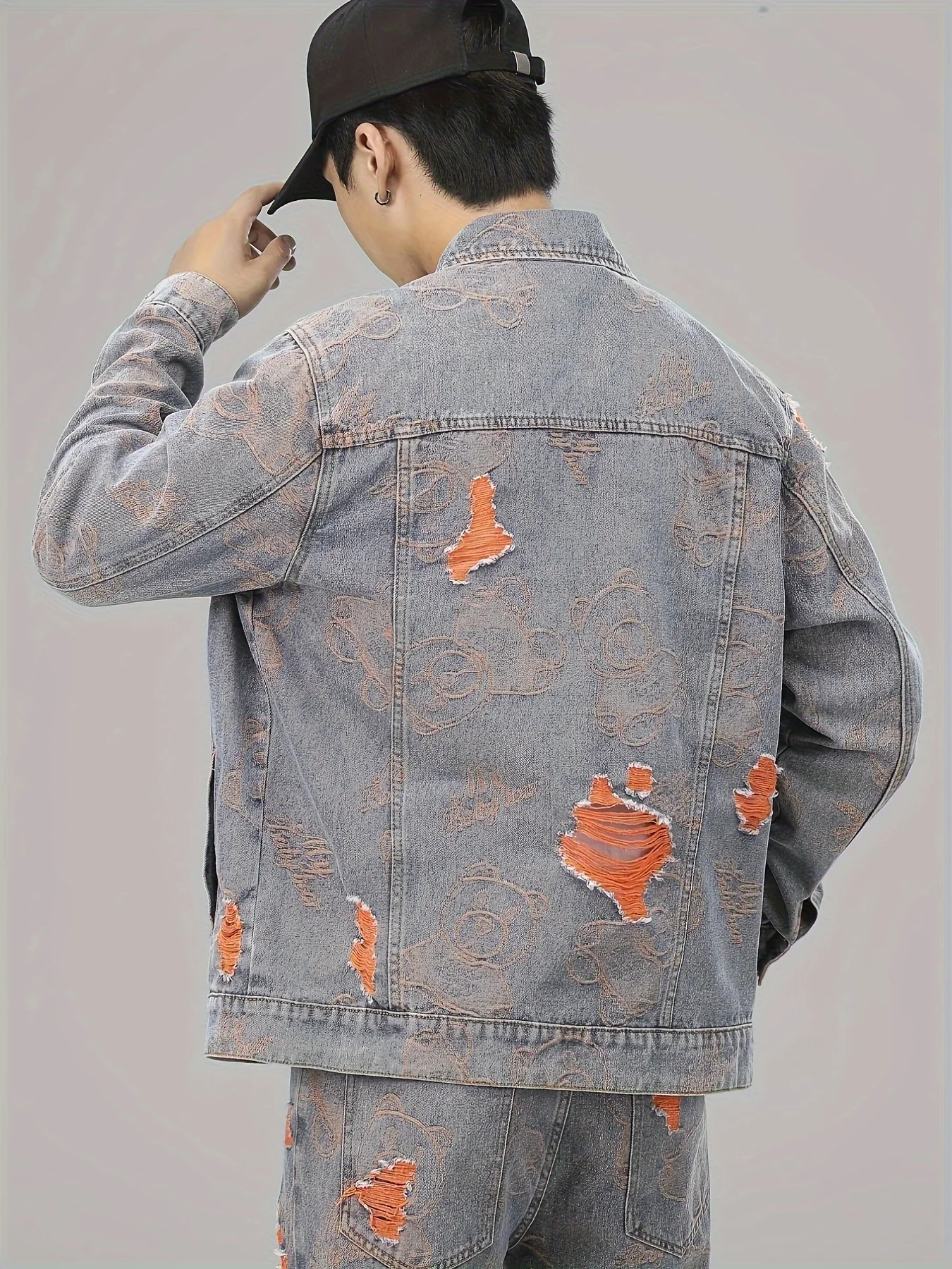 deanwangkt-1 Men's Denim Outfit, Ripped Chest Pocket Jacket And Trendy Straight Leg Jeans Set - Deanwangkt