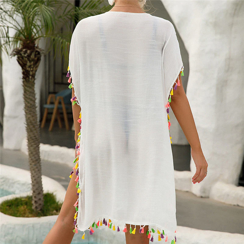 deanwangkt  Tassel Beach Cover Up Dress Woman Summer  Pareo Bathing Suit Cover Ups White Crochet Swim Coverup Female Tunics Cover-up - Deanwangkt