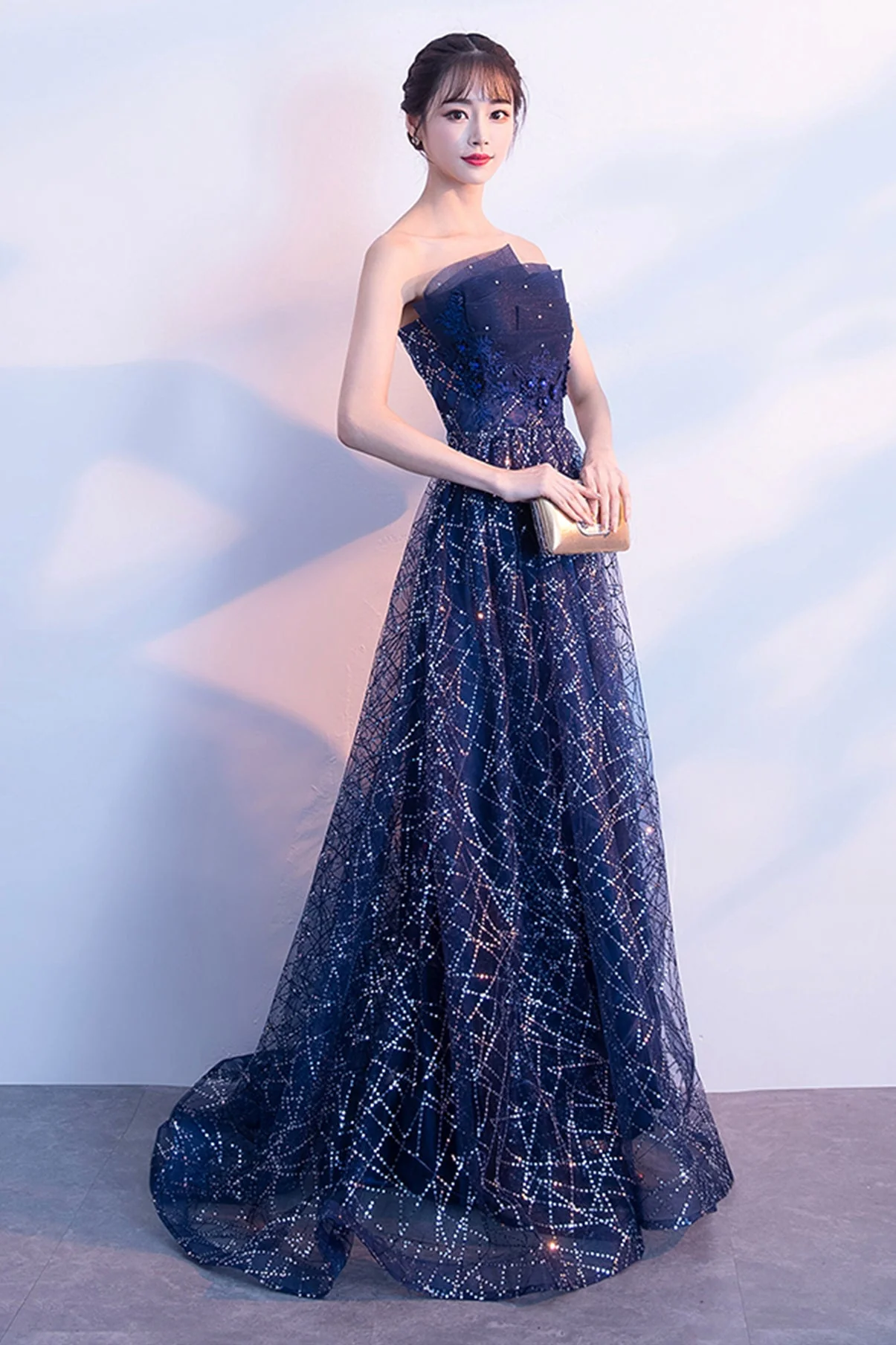 solvbao Blue Tulle Sequins Long Prom Dresses, A-Line Strapless Evening Dresses - Deanwangkt