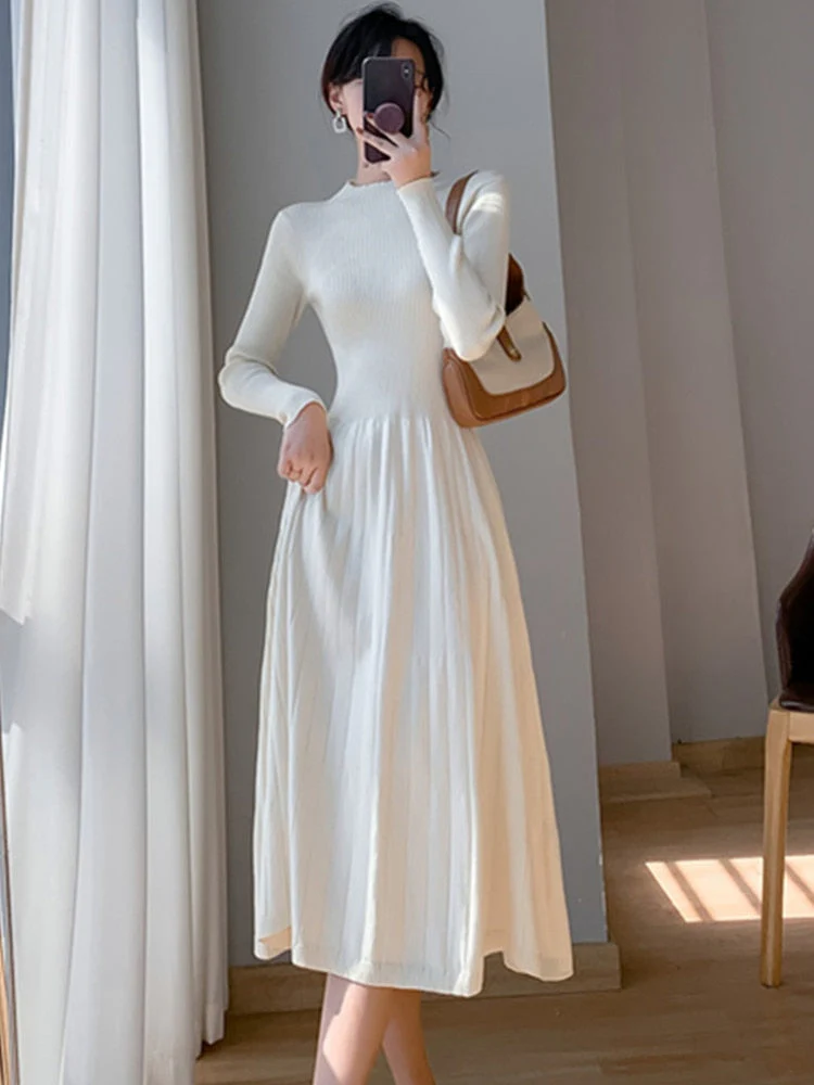 deanwangkt Fashion Chic Knitted Dress Women  Autumn Winter Vintage Half High Collar Long Sleeve Solid Dress Slim Office Ladies Dress - Deanwangkt