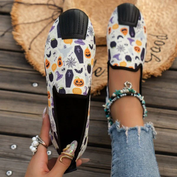 deanwangkt - Halloween Cream White Casual Patchwork Printing Round Comfortable Flats Shoes - Deanwangkt