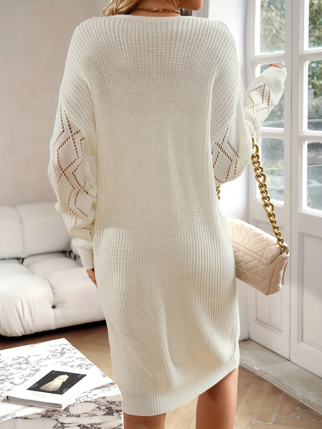 deanwangkt-1  Guipure Lace Pointelle Knit Dress, Elegant V-neck Drop Shoulder Dress, Women's Clothing - Deanwangkt