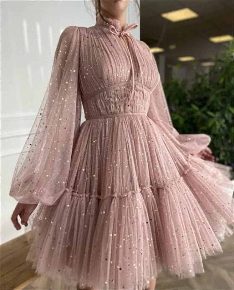 Verngo Pastel Pink Starry Tulle Short Prom Dresses With Long Sleeves High Neck Formal Party Gowns Glitter  Homecoming Dress - Deanwangkt