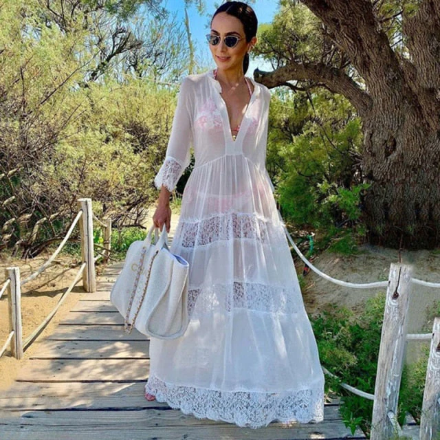 Sexy Lace Chiffon Beach Dress Women Bikini Swimsuit Cover Up Long Beach Dress Tunics Long Sleeves Beach Cover Up Robe De Plage - Deanwangkt