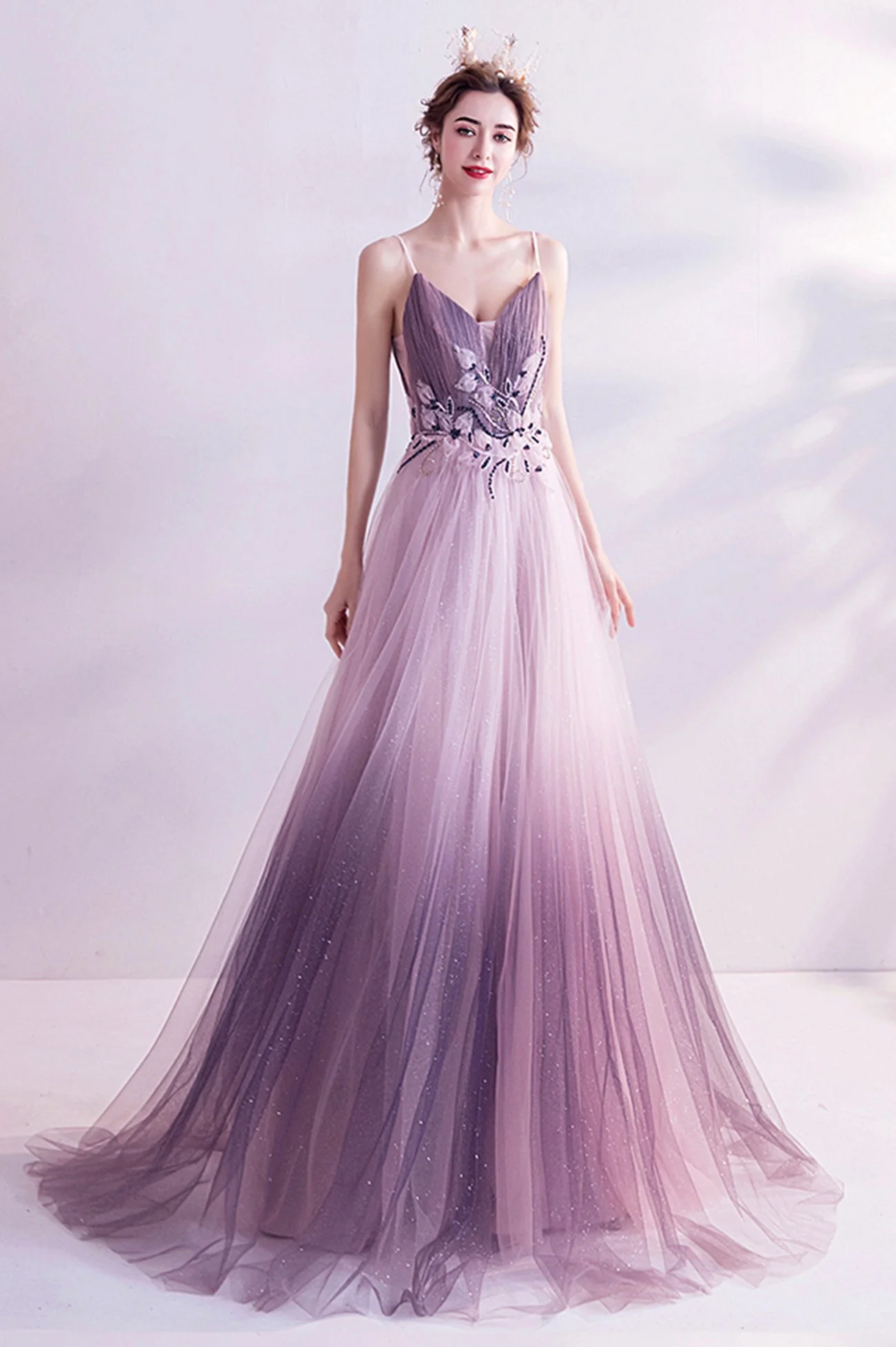 solvbao Purple Tulle Sequins Long Prom Dresses, A-Line Evening Dresses - Deanwangkt