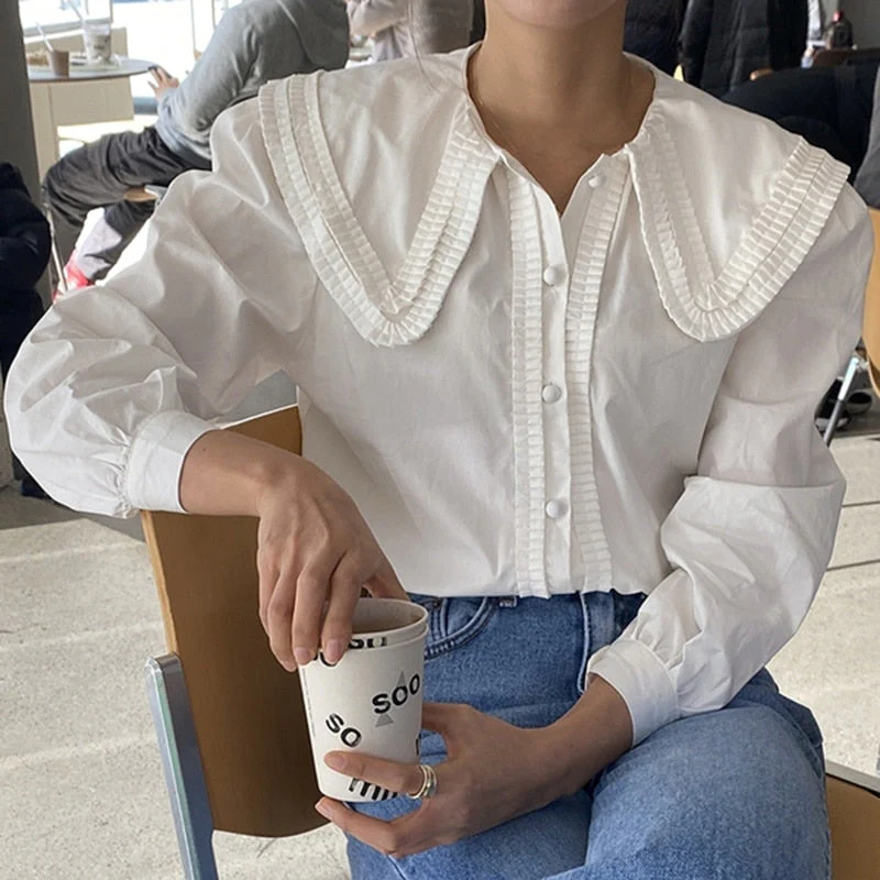 Graduation Gifts   Turn-Down Collar Puff Long Sleeve Button Loose Woman Shirt Solid White Women Blouses Tops Blusas Pleated Work Style OL Shirts - Deanwangkt
