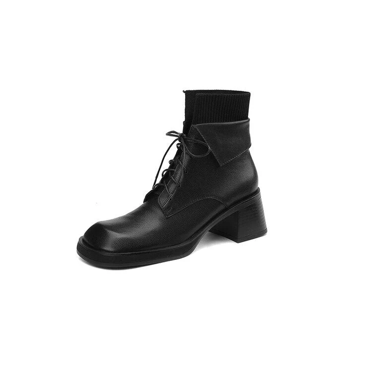 deanwangkt  Autumn Shoes   NEW Fall Shoes Women Genuine Leather Ankle Boots Round Toe Chunky Shoes for Women Winter Thick Heel Boots Lace Up Black Boots - Deanwangkt