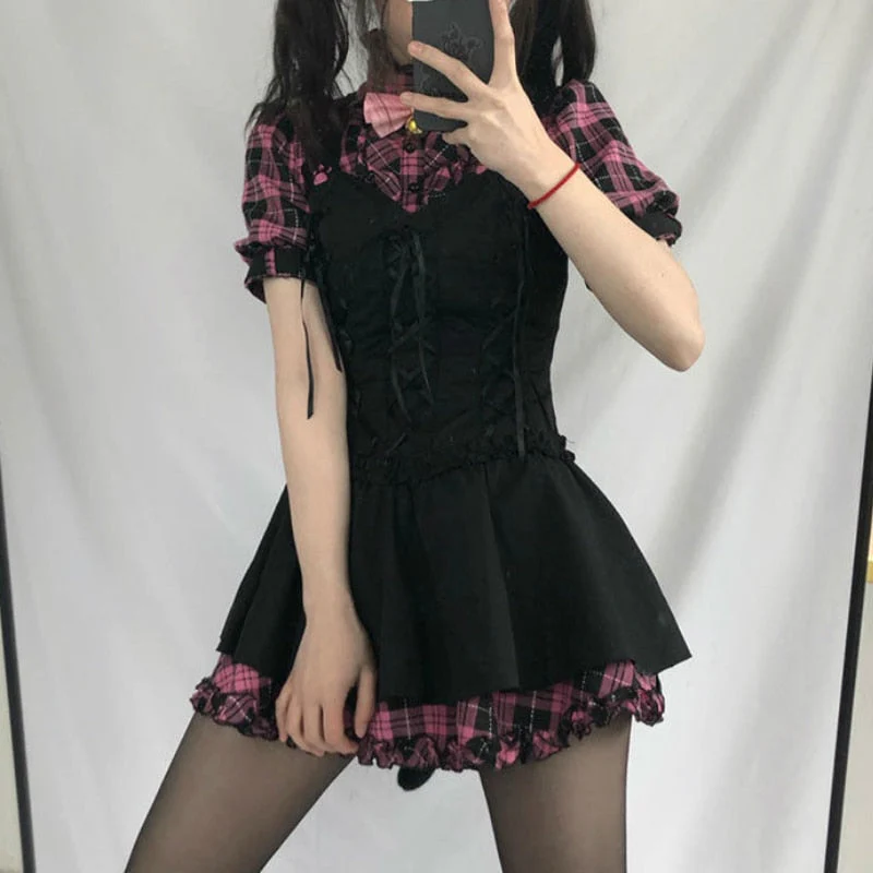 deanwangkt  Summer Dress Women Kawaii Plaid Lolita Dresses Sweet Pink Patchwork Bow Y2k Sundress Sexy Fashion Short Sleeve Robe - Deanwangkt
