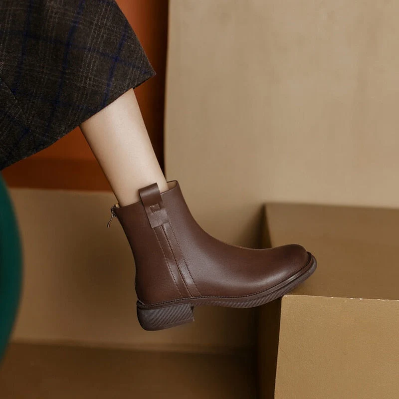 deanwangkt  Autumn Shoes   NEW Fall Shoes Women Split Leather Boots Round Toe Chunky Heel Women Boots Winter Solid Slip-on Ankle Boots Western Boots Women - Deanwangkt