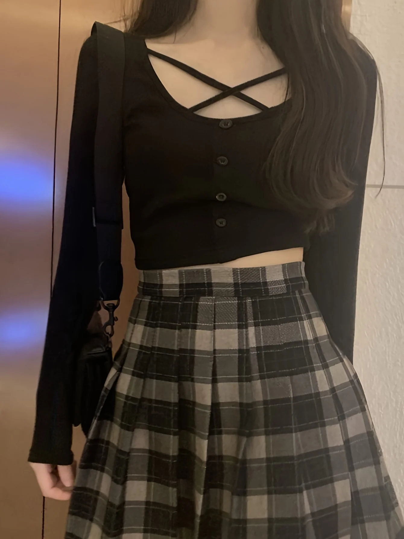 deanwangkt  Button Front Crisscross Crop T-Shirt, Casual Long Sleeve T-Shirt For Spring & Fall, Women's Clothing - Deanwangkt