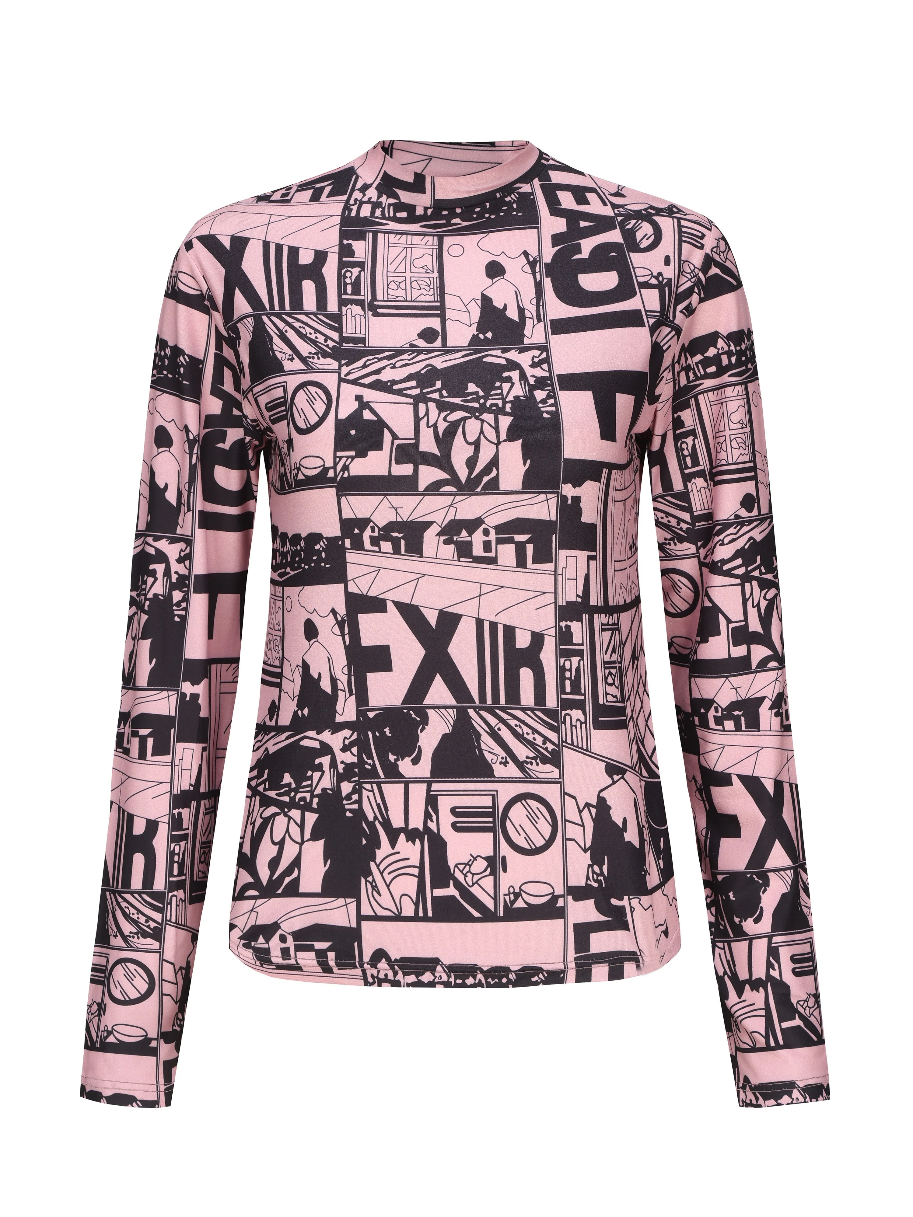 deanwangkt-1 Y2K Anime Print T-Shirt, Long Sleeve High Neck Casual Top, Women's Clothing - Deanwangkt