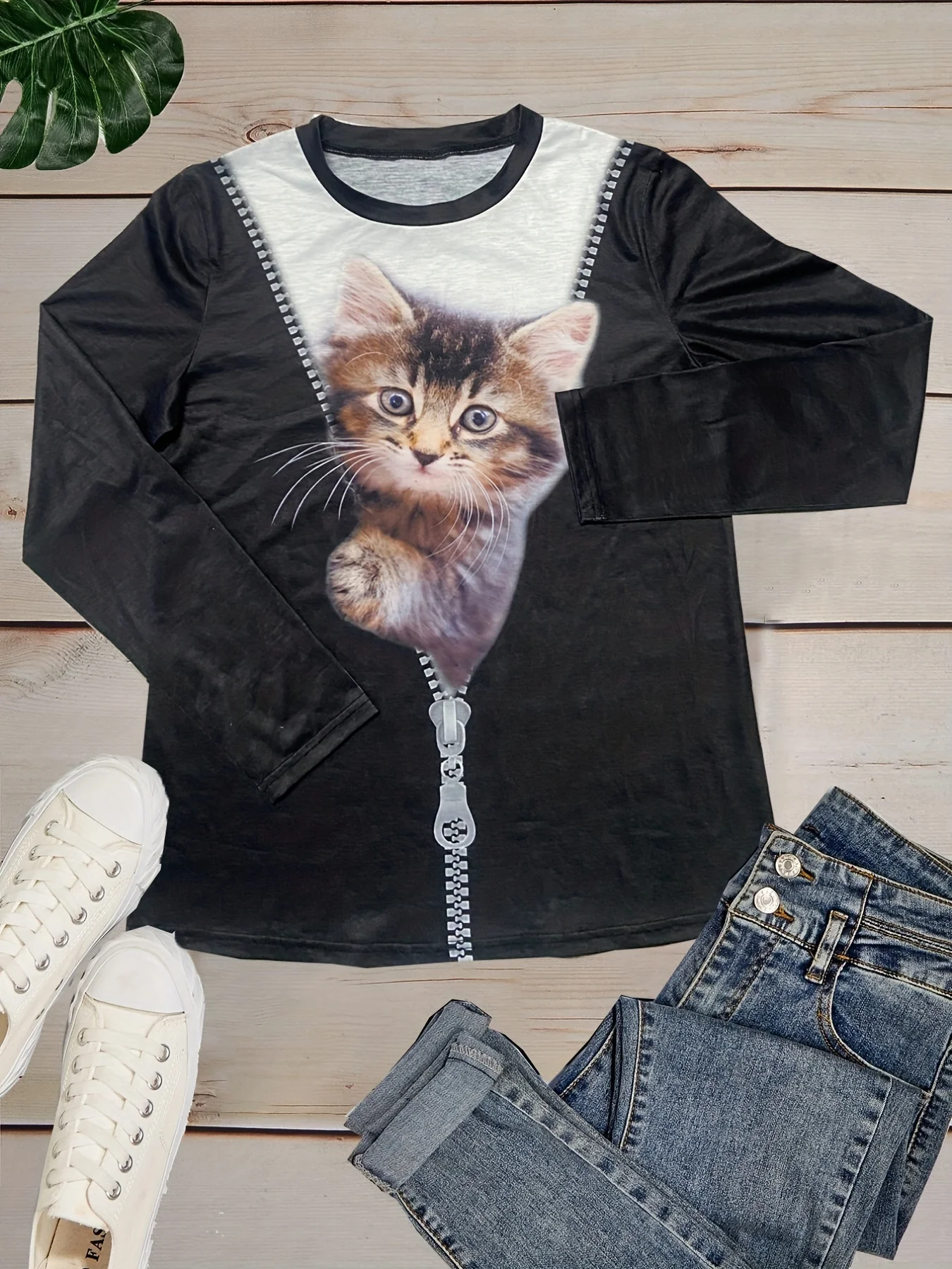 deanwangkt-1 Cat Print Crew Neck T-Shirt, Casual Long Sleeve T-Shirt For Spring & Fall, Women's Clothing - Deanwangkt