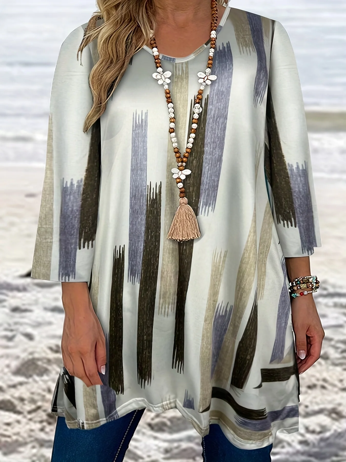 Plus Size Casual Top, Women's Plus Random Print Half Sleeve V Neck Slight Stretch Tunic Top - Deanwangkt