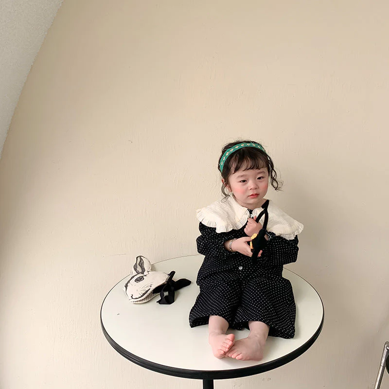 deanwangkt  Spring cute baby girl polka dot black outfits Girls fashion big turn-down collar shirt and wide leg pants 2pcs sets Kids clothes - Deanwangkt