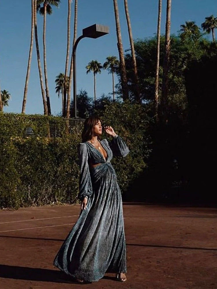 deanwangkt Sexy V-Neck Backless Hollow Out Dress  Summer Women Lantern Sleeve Club Party Long Maxi Dresses Tunic Beach Cover Up - Deanwangkt