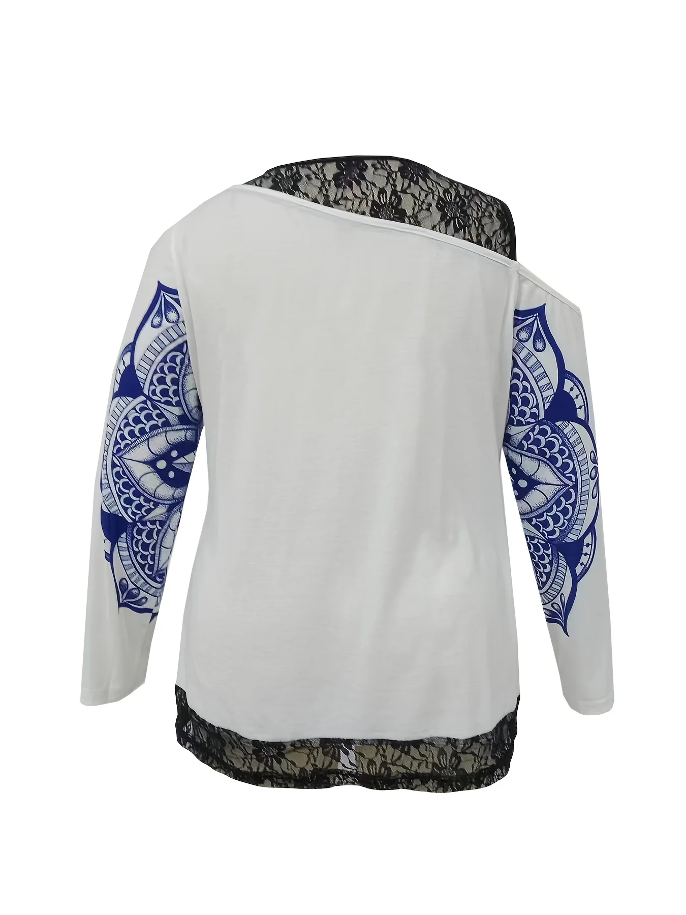 Plus Size Casual T-shirt, Women's Plus Skull & Mandala Print Contrast Lace Cold Shoulder Long Sleeve Slight Stretch T-shirt - Deanwangkt