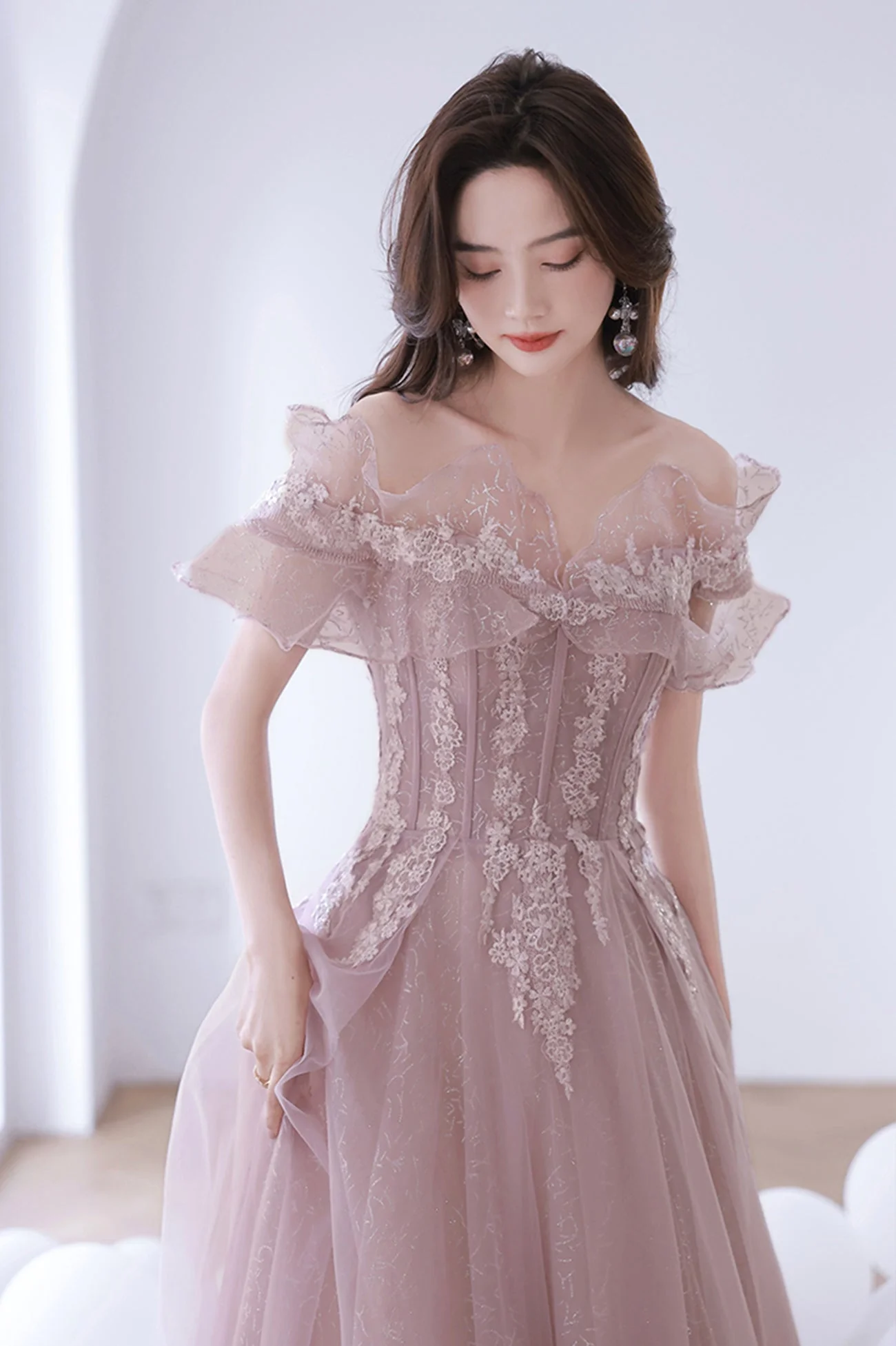 solvbao Off the Shoulder Lace Long Prom Dress, Pink A-Line Evening Dress - Deanwangkt