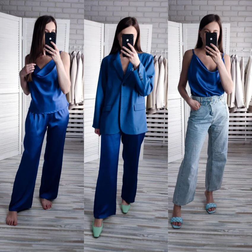 deanwangkt Blue Sleeveless Sexy Pyjamas For Women Sleepwear Satin Two Piece Set Elastic Waist Flare Pants Home Suit Sets Spring - Deanwangkt