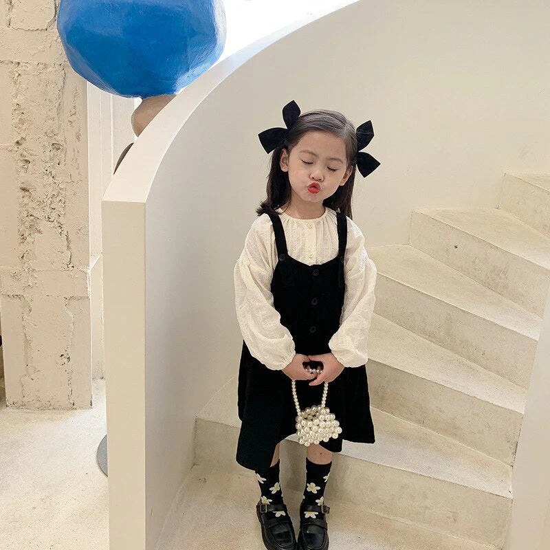 deanwangkt Girls spring fashion white blouse and black overalls dress Kids all-match Outfits 2pcs sets - Deanwangkt