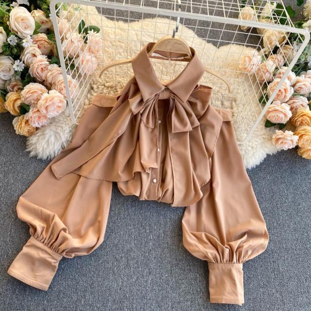 Spring Autumn New Blouse Women Halter Scheming Halter Shirt Bowknot Lapel Puff Sleeve Female Top C031 - Deanwangkt