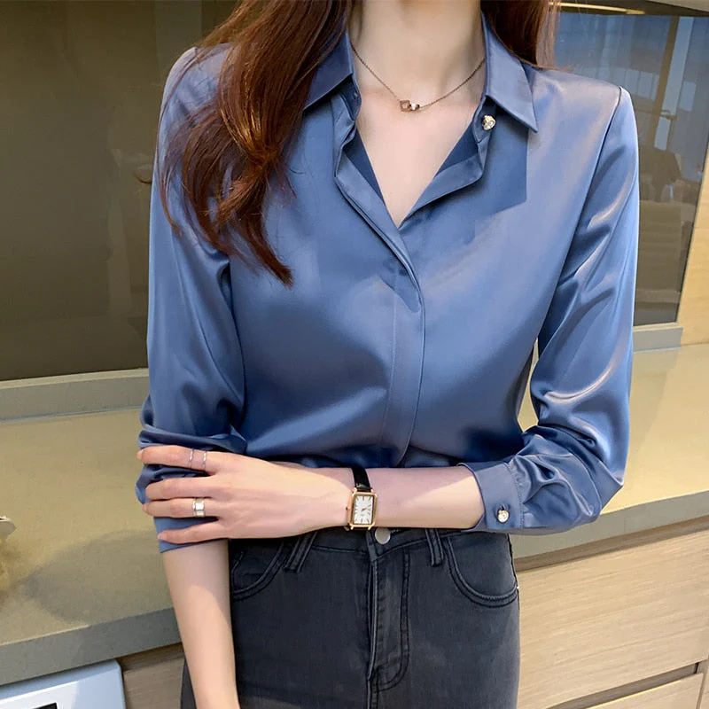 Graduation Gifts   Office Lady Silk Women Shirt Blouse Tops Button Shirts Female Long Sleeve Satin Blouses for Women Clothing Chemise Femme 17276 - Deanwangkt
