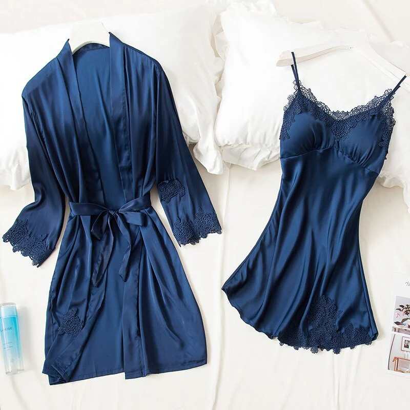 5PCS Robe Sleep Suit Pajamas Set Sexy Lace Stain Red Pajamas Women Silk Pyjamas Dressing Gown Summer Robe Sleepwear Chest Pads - Deanwangkt