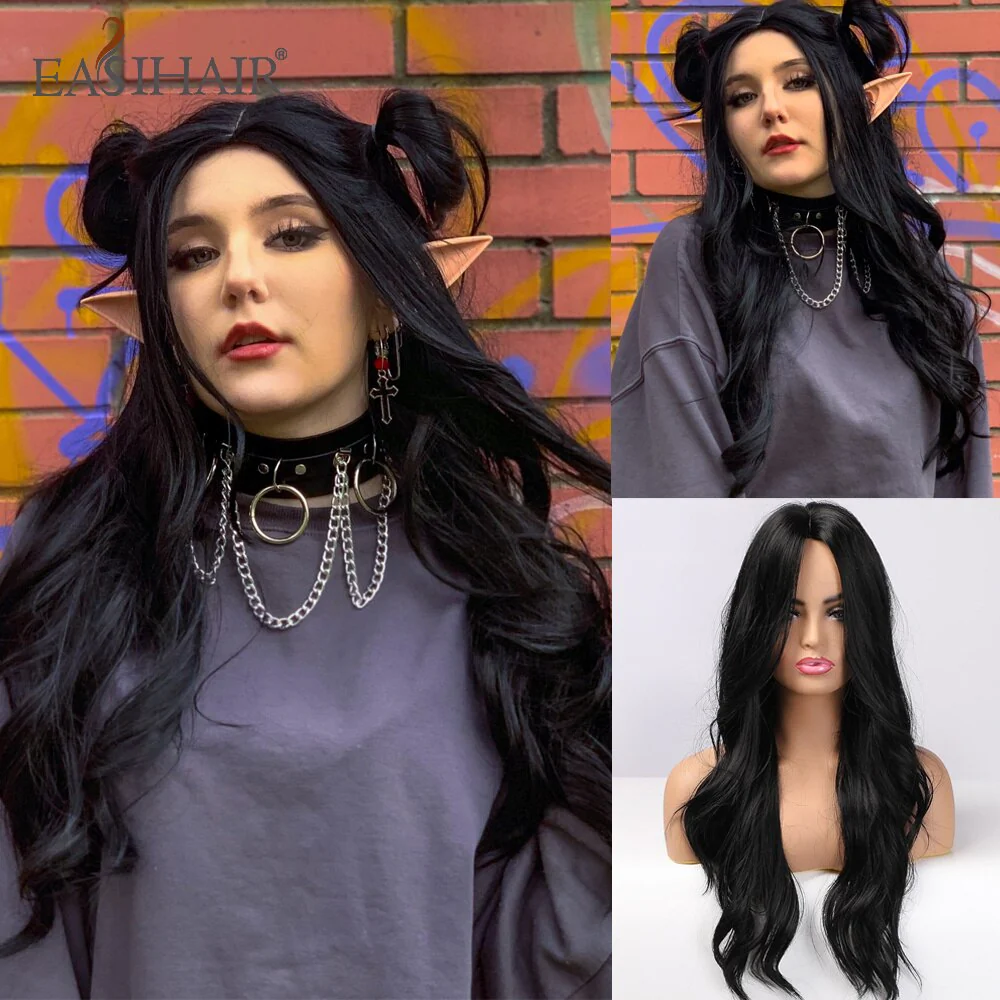 deanwangkt  Long Black Wigs Cosplay Body Wave Synthetic Wigs With Bangs For White/Black Women Brazilian American Natural Hair - Deanwangkt