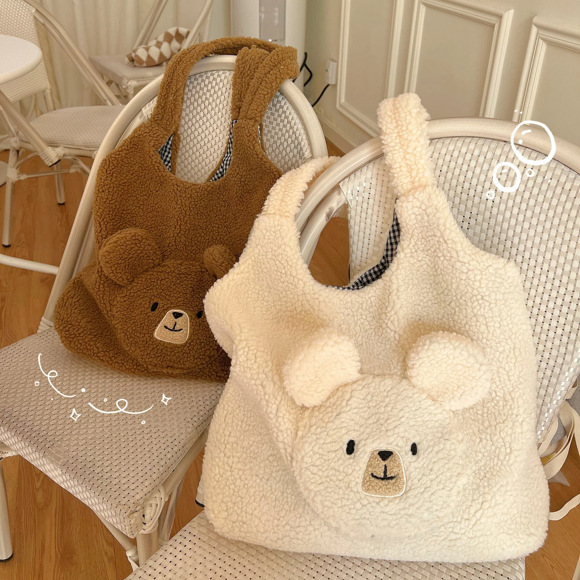 deanwangkt Soft Plush Tote Bag Women 3D Cartoon Bear Print Kawaii Shoulder Bag For Women Imitation Lamb Hair Warm Winter Handbags Big Bag - Deanwangkt