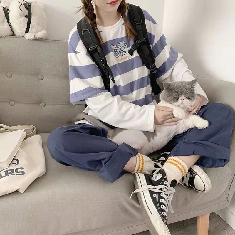 Wenkouban Classic Striped Long Sleeve T-Shirts Women Loose Preppy Chic Tees Fake Two Pieces Hipster Aesthetic Funny Embroidery O-Neck Tops - Deanwangkt
