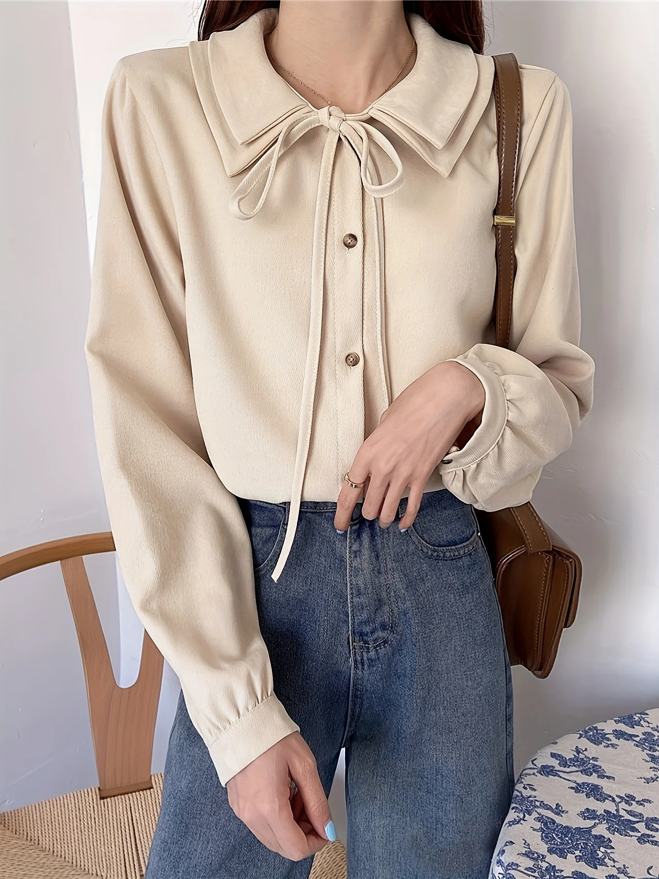 deanwangkt Solid Tie Front Button Blouse, Casual Long Sleeve Blouse For Spring & Fall, Women's Clothing - Deanwangkt