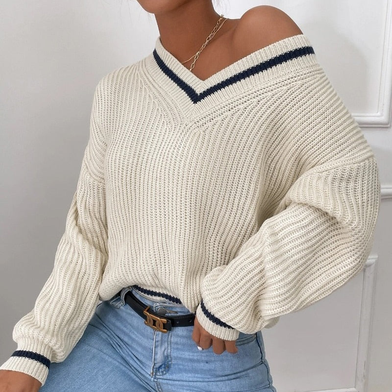 deanwangkt Casual Loose Knitted Sweater for Women Autumn Stripe V-Neck Sweater Winter Solid Soft Office Lady Pullover Fashion Jumper - Deanwangkt