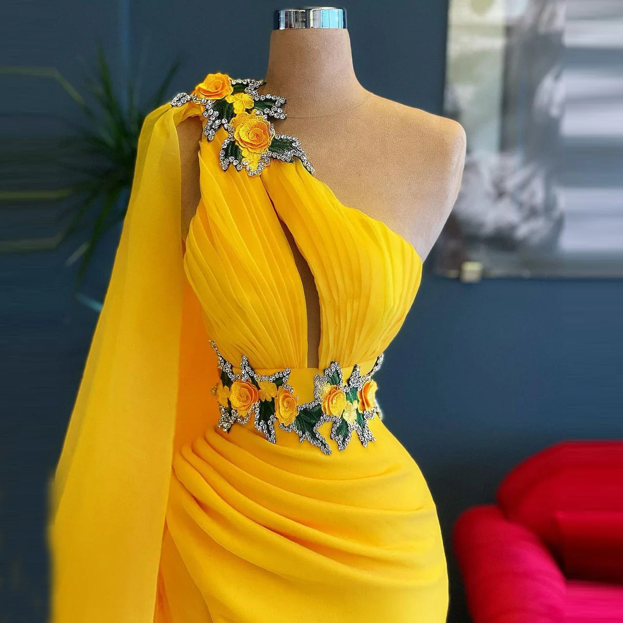 Charming Yellow One Shoulder Mermaid Evening Dresses   Sleeveless Side Split Crystals Women Pageant Dressing   Gowns - Deanwangkt