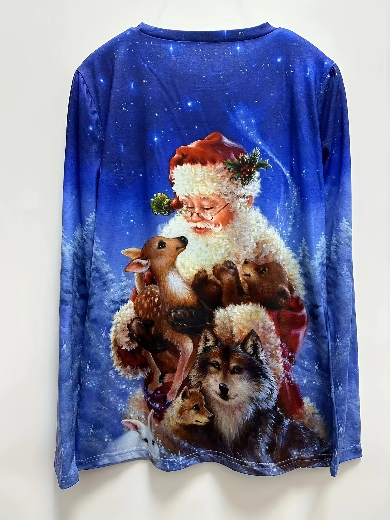 deanwangkt-1 Christmas Santa & Elk Print Crew Neck T-Shirt, Casual Long Sleeve Top For Spring & Fall, Women's Clothing - Deanwangkt