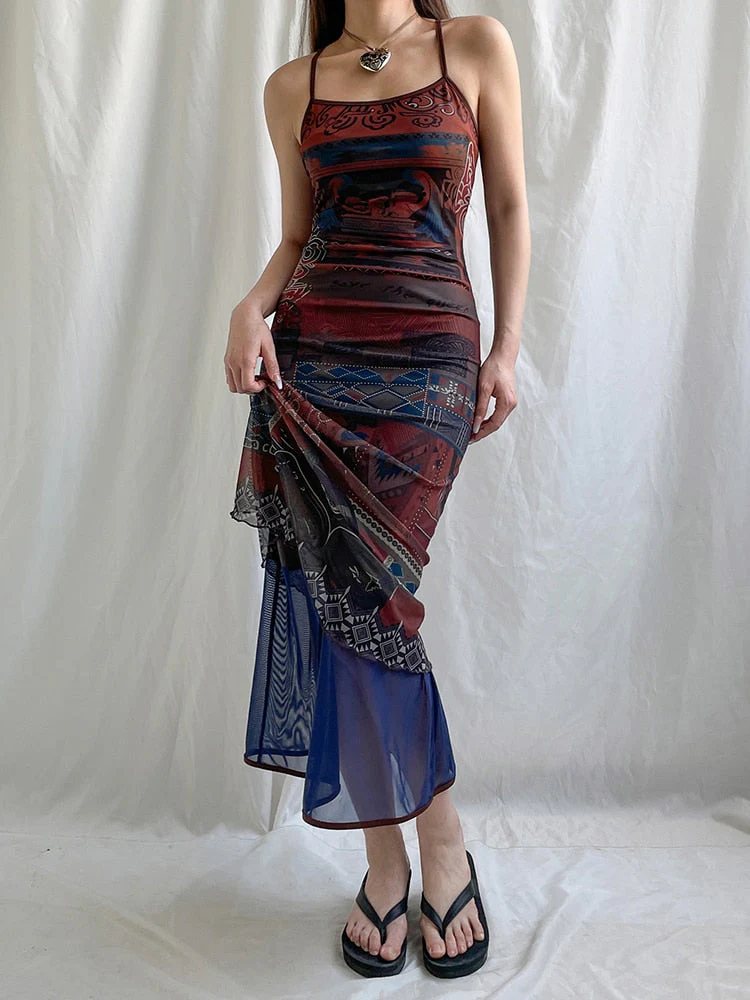 deanwangkt Beach Style Vintage Printed Bandage Mesh Dress Holiday Slim Backless Slash Neck Sleeveless Maxi Drresses For Women - Deanwangkt