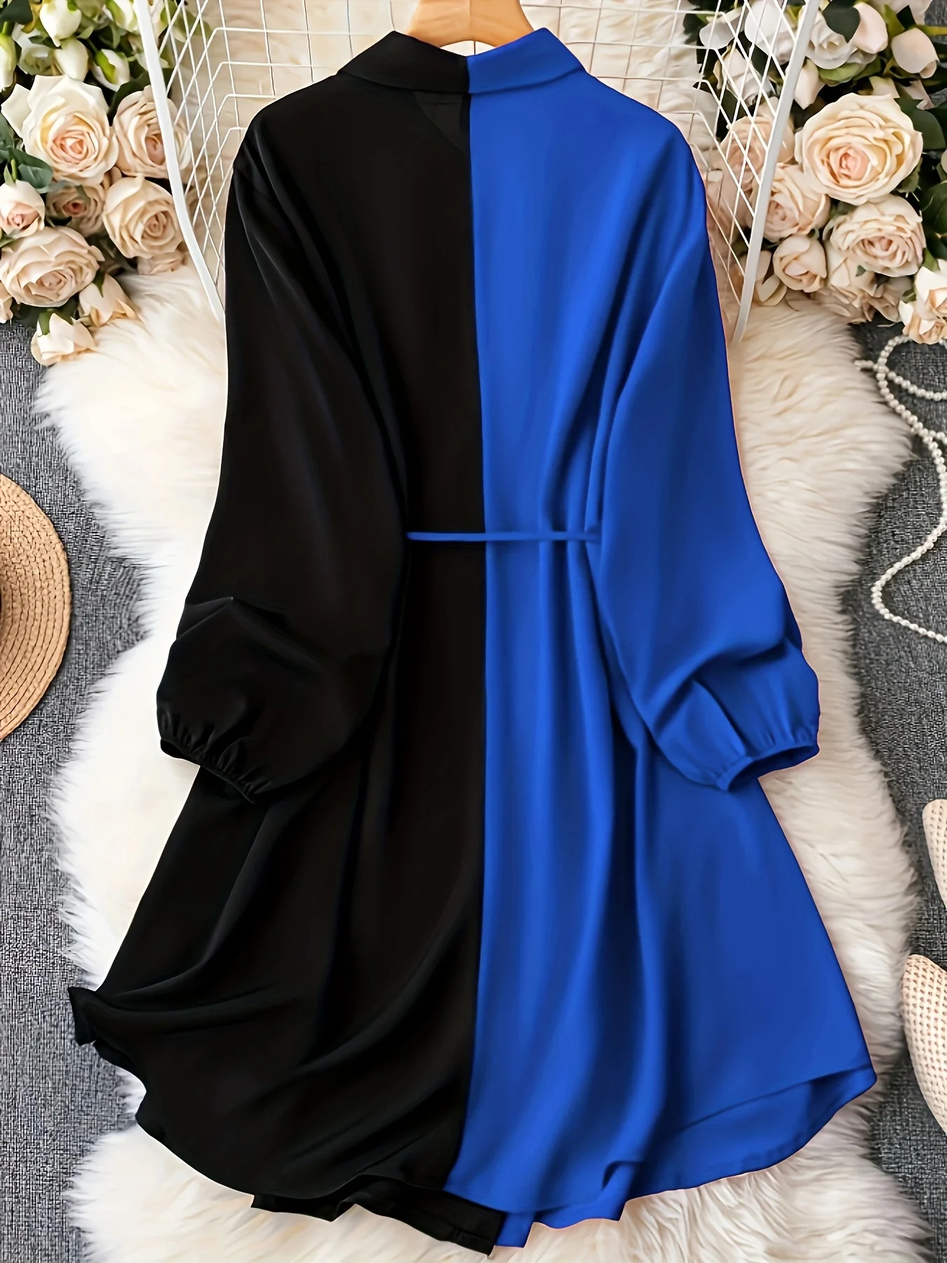 Plus Size Casual Blouse, Women's Plus Colorblock Long Sleeve Button Up Lapel Collar Shirt Longline Top With Belt - Deanwangkt