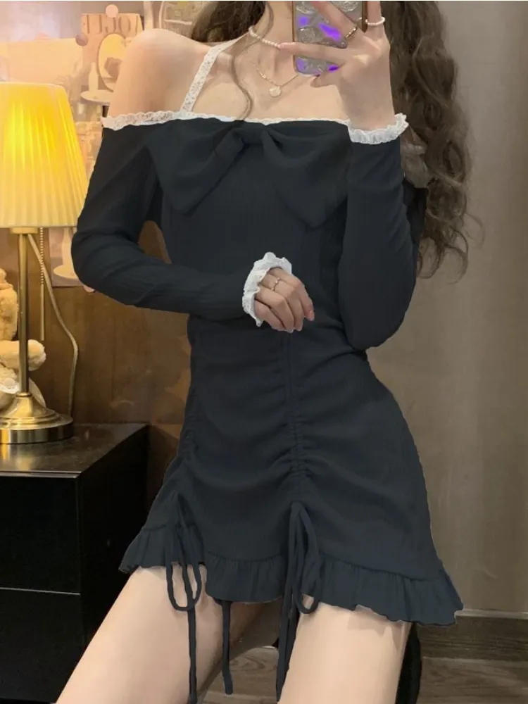 deanwangkt Korean Style Party Mini Dresses Women Japanese Off Shoulder Sexy Kawaii Dress Female Long Sleeve Lace Kawaii Lolita Dress Autumn - Deanwangkt