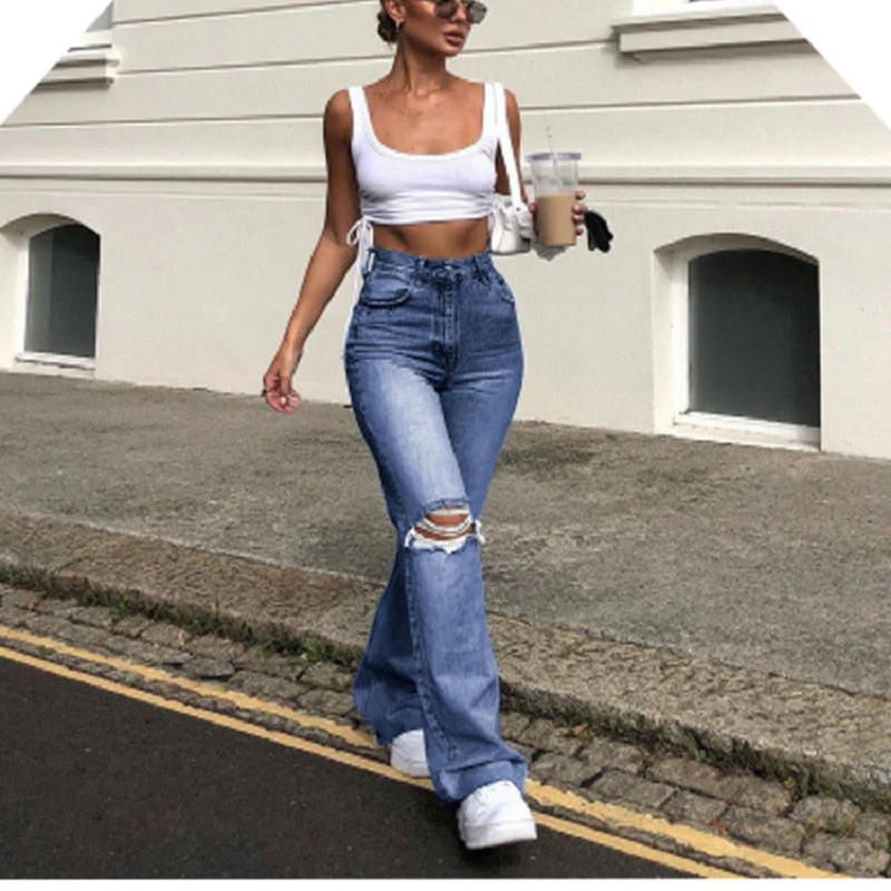 High Waist  New Retro Washed Blue Loose Ladies Denim Trousers Ripped Wide Leg Pants Women's Street Pants Straight Leg Jeans - Deanwangkt