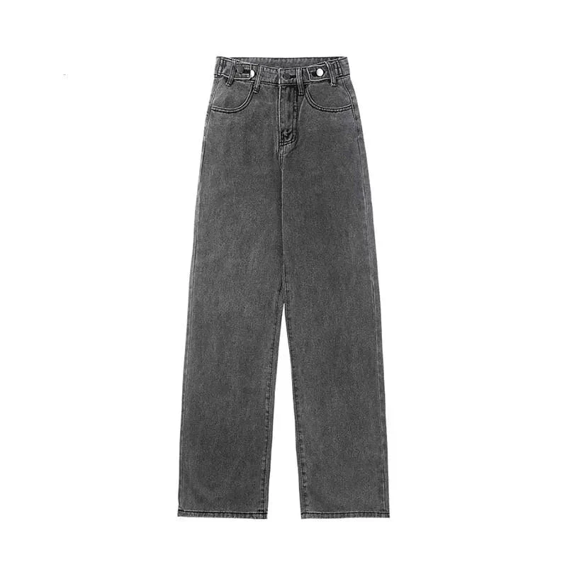 deanwangkt High Waisted Jeans For Women Denim Joggers Pants Mom Trousers Lace Up Button Full Length Straight  Fashion Gray - Deanwangkt