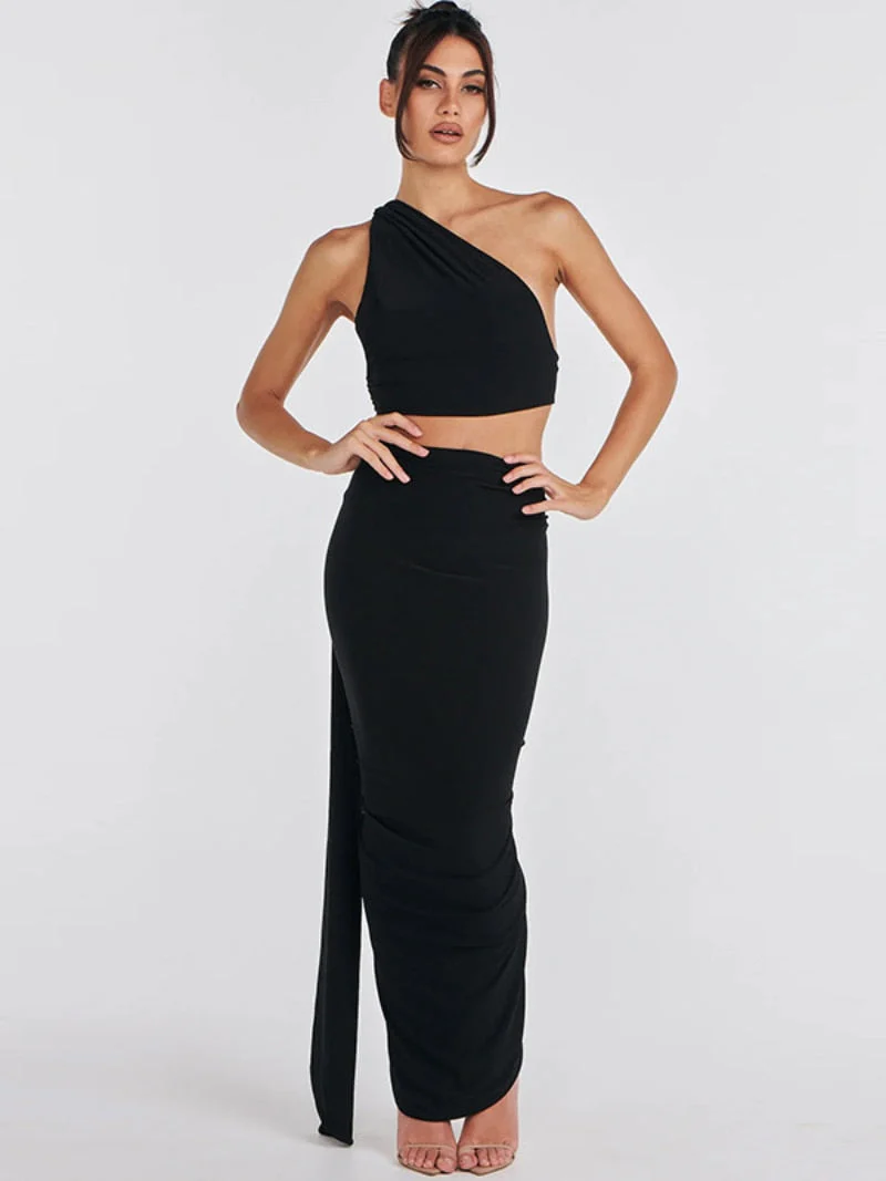 BACK TO COLLEGE  Elegant Women's Summer Two-piece Set Fashion Bandage Halter Crop Top High Waist Bodycon Skirts Evening Party Black Dress - Deanwangkt