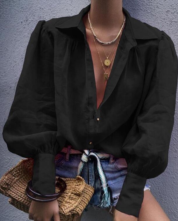 deanwangkt Women Blouses  Autumn Office Lady Colorful Shirts Lantern Sleeve Buttons Pink White Blue Orange Blouse Tops - Deanwangkt